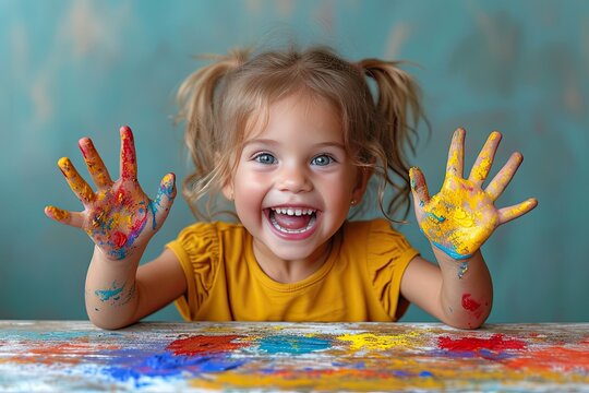 Cute happy little girl laughs with her mouth open, sits at the table and shows her hands painted with multi-colored paint. Children creativity concept.