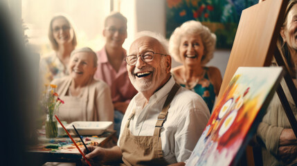 A tight-knit group of seniors immersed in painting,  sharing brushes and stories
