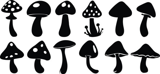 Mushroom silhouettes set. Black and white mushrooms clipart. Vector illustration