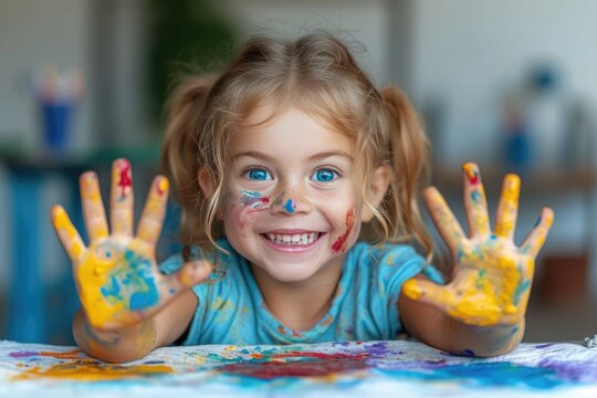 Cute happy little girl laughs with her mouth open, sits at the table and shows her hands painted with multi-colored paint. Children creativity concept.