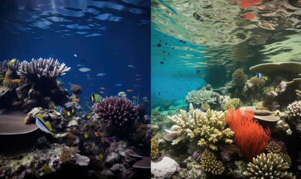 Two Pictures of a Coral Reef and a Fish