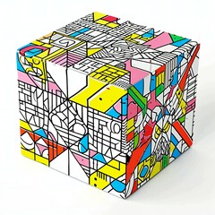Cube with colorful geometric pattern on white background
