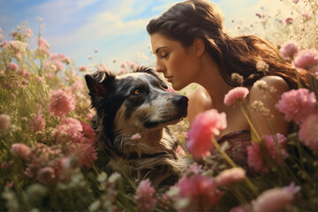 Hyper-realistic sci-fi portrait of a girl and dog amidst tall flowers, blending earth tones and celebrity flair.