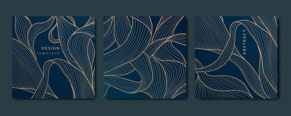 Vector set of gold design floral patterns, leaf modern ornament, vintage elegant flowers, nature royal package. Wave line graphic art cards