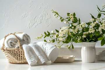 White towels in a wicker basket and a basket of flowers on a white background