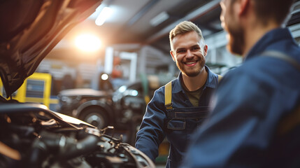 A mechanic smiling at a customer, after successfully fixing their car.  The mechanic successfully repaired the customer's car. - obrazy, fototapety, plakaty