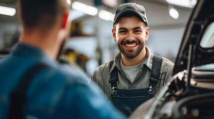 A mechanic smiling at a customer, after successfully fixing their car.  The mechanic successfully repaired the customer's car.