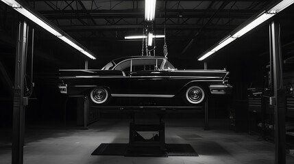 Classic car parked in garage, car being lifted on a hoist, beautiful vintage car in black and white illustration. - obrazy, fototapety, plakaty