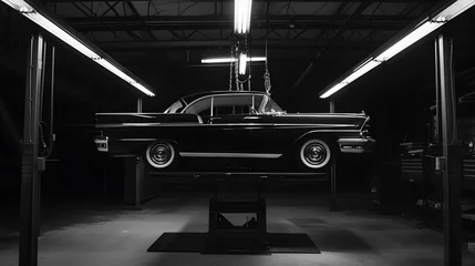 Zelfklevend Fotobehang Classic car parked in garage, car being lifted on a hoist, beautiful vintage car in black and white illustration. © Nawarit