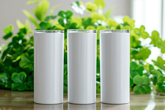 Close up of Three white color 20oz Straight Skinny Tumbler includes a lid on table with Clover background, tumbler mockup, St.Patrick Day