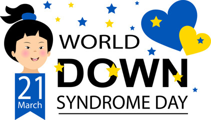 World Down syndrome day. Girl and two hearts on a transparent background. Down syndrome awareness concept.