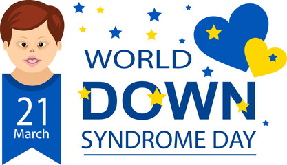 World Down syndrome day. Boy and two hearts on a transparent background. Down syndrome awareness concept.