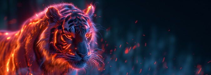 Futuristic tiger banner. Energized tiger. Electrified tiger. Banner. Animal banner. Digital tiger. Sci-fi banner. Cybersecurity animal. - obrazy, fototapety, plakaty