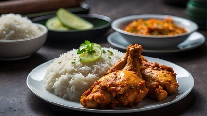 fried chicken wings with rice and sauce plate close up view