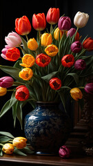 Bouquet of tulips in an antique vase on a dark background
