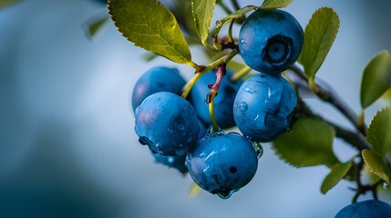 Fresh blueberries on the branch in natural light. close-up view of ripe berries. ideal for healthy eating and nutrition themes. AI