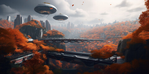 Fantastic World On Future With Flying Saucers
