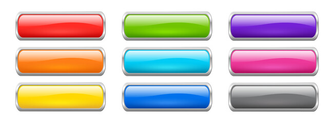 Rectangle web buttons. Blank glossy blue, red, green, yellow and orange glass buttons in metal frames. Empty 3d elements for website template, vector illustration
