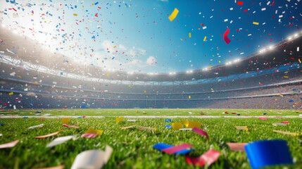 Football stadium background with flying confetti - obrazy, fototapety, plakaty