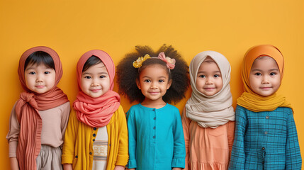 Beautiful diverse muslim children from different races and nations. - obrazy, fototapety, plakaty