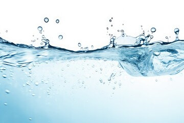 clean blue water surface with splash, ripple and air bubbles underwater on white background