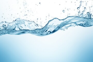 clean blue water surface with splash, ripple and air bubbles underwater on white background - obrazy, fototapety, plakaty