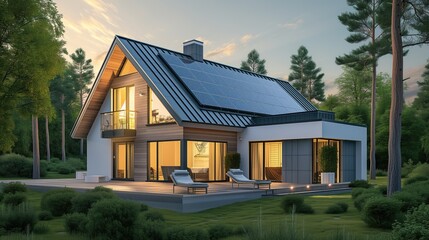 Eco friendly passive house with light inside and solar panels and terrace in summer with photovoltaic system on the roof against forest landscape