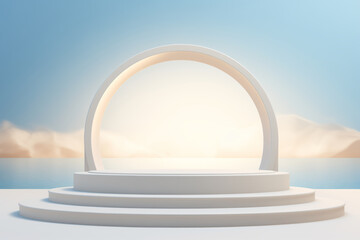 White round podium on blue sky background. Mockup,