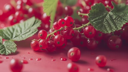 Fresh red currants with vibrant leaves on a crimson background, perfect for culinary themes and healthy eating. close-up, detailed view of the berries. suitable for recipes and food blogs. AI