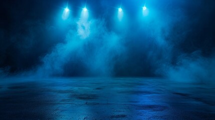 Fototapeta premium Dark empty scene, blue neon searchlight light, wet asphalt, smoke, night view, rays.