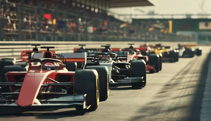 Foto op Aluminium Formula 1 racing cars lined up on the race track waiting for the start, front view © Alexey Kuznetsov