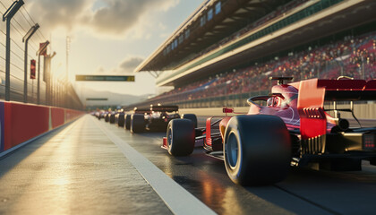 Formula 1 racing cars lined up on the race track waiting for the start, back view - obrazy, fototapety, plakaty