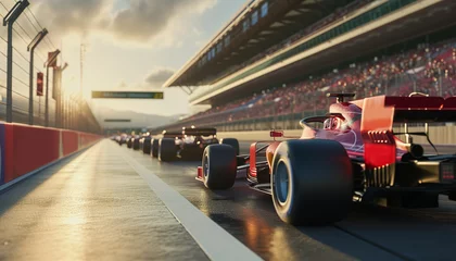 Tuinposter Formula 1 racing cars lined up on the race track waiting for the start, back view © Alexey Kuznetsov