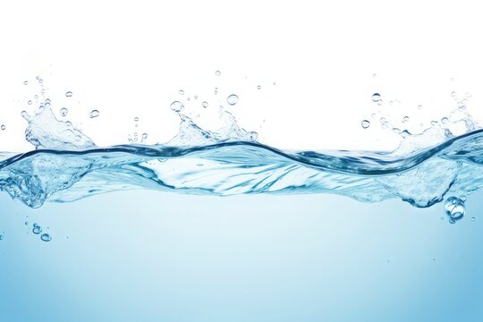 clean blue water surface with splash, ripple and air bubbles underwater on white background