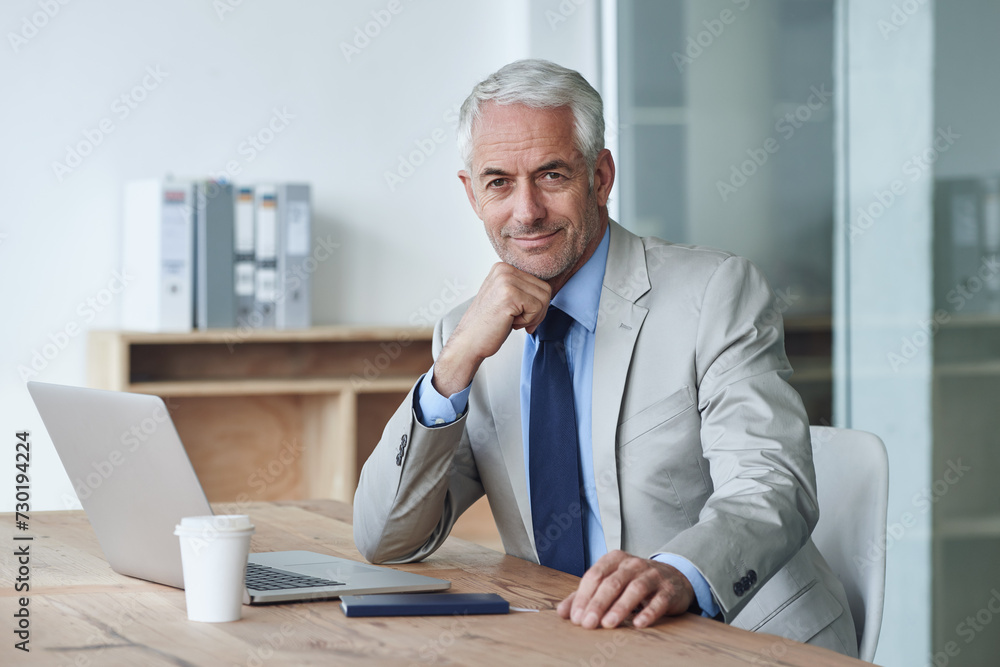 Wall mural Portrait, ceo and businessman working on laptop, plan and office for stakeholder budget account. Senior, manager and indoors for company, diary and drinking coffee at desk preparing for meeting