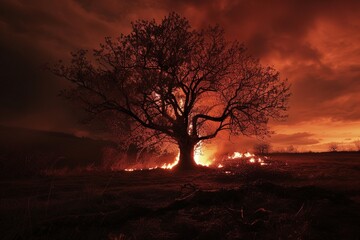 A burning tree, drought and forest fires caused by global warming