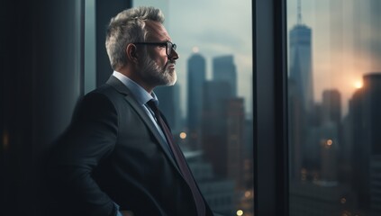 Older Business man looking out the window as he looks at someone in city. Portrait of a happy casual businessman at office - obrazy, fototapety, plakaty