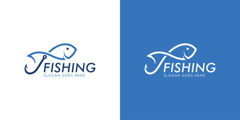 Creative and Simple Fishing Logo. Hook Eye Fish Hunter Logo Design Template. - obrazy, fototapety, plakaty