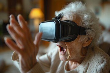 An emotional elderly woman wearing virtual reality headset - Powered by Adobe