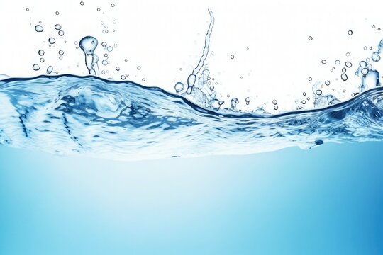 clean blue water surface with splash, ripple and air bubbles underwater on white background