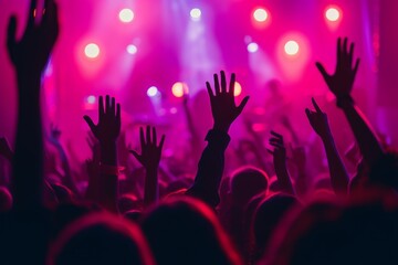 people with hands up at the music festival concert with purple and red light