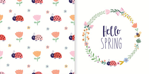 Hello Spring set with seamless pattern and greeting card, ladybirds, floral wreath, seasonal design © lilett