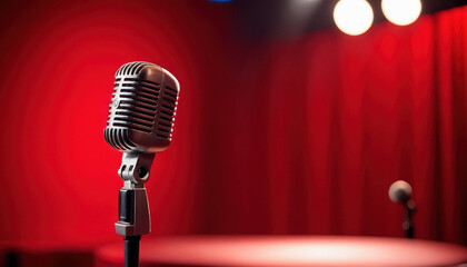 retro microphone in fore ground with a stage and red background