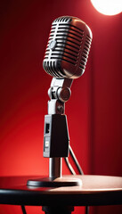 retro microphone on the table with lights and red background