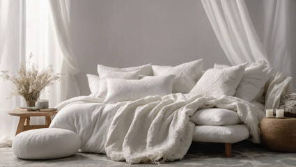 Fototapeta na wymiar voluminous white pillows and a blanket