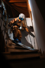 Skiing on staircase indoors