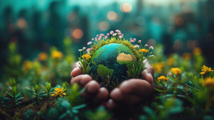 Saving the world for the next generation and global environmental sustainability and ecology system in earth day concept - obrazy, fototapety, plakaty