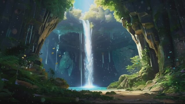 The beauty of the ecosystem in a cave with a charming waterfall view, Seamless looping 4k video background