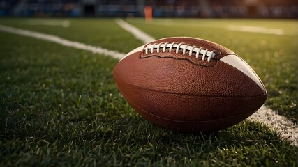 Brown Leather Football on Green Turf, Symbolizing American Football.Football on Lush Green Field, Inviting Play and Competition,Isolated Football on Green Grass, Ready for American Football Action