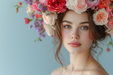 A radiant woman adorned with a vibrant flower crown, embodying the essence of strength, beauty, and grace, celebrates International Women's Day with a blooming spirit.